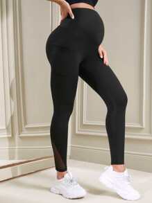 SHEIN Maternity Mesh Insert Belly Support Leggings With Phone Pocket - Black - View 6