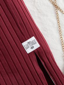 SHEIN Girls Patch Detail Split Hem Pencil Skirt - Burgundy - View 3