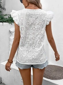 SHEIN VCAY Áo sơ mi nữ Xù Nút phía trước Tranh thêu màu trơn Boho - trắng - Xem 2