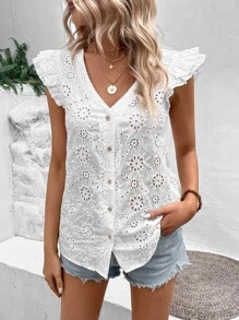 SHEIN VCAY Áo sơ mi nữ Xù Nút phía trước Tranh thêu màu trơn Boho - trắng - Xem 4