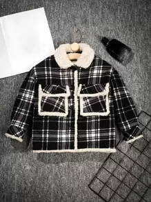 Niñito Cazadora con estampado de cuadros cuello de borreguito con bolsillo con solapa en contraste teddy ribete - Blanco y Negro - Ver 1