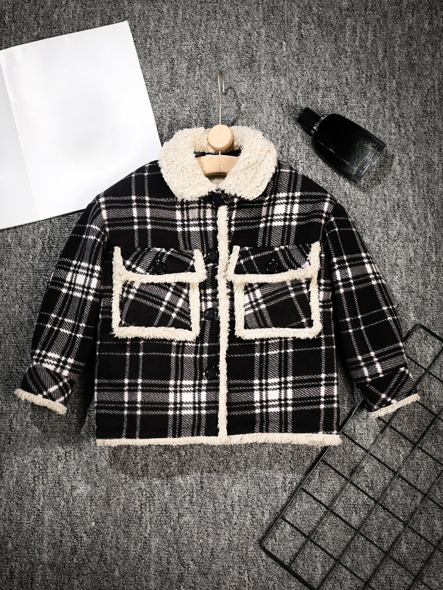 Niñito Cazadora con estampado de cuadros cuello de borreguito con bolsillo con solapa en contraste teddy ribete - Blanco y Negro - Ver 1