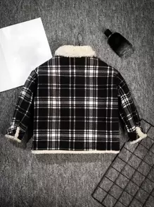 Niñito Cazadora con estampado de cuadros cuello de borreguito con bolsillo con solapa en contraste teddy ribete - Blanco y Negro - Ver 2