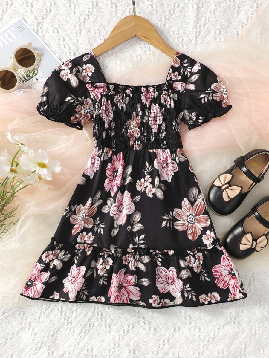 Toddler Girls Floral Print Puff Sleeve Ruffle Hem Dress - Black - View 1