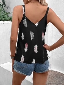 Breezaya 羽毛印花链条细节吊带背心 图案 T 恤 女式上衣 - 黑色 - 查看 3