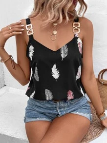 Breezaya 羽毛印花链条细节吊带背心 图案 T 恤 女式上衣 - 黑色 - 查看 4