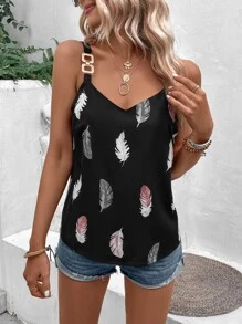 Breezaya 羽毛印花链条细节吊带背心 图案 T 恤 女式上衣 - 黑色 - 查看 5