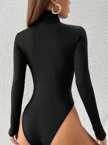 SHEIN PETITE Body de cuello alto liso ajustado para mujer en primavera, para mujeres de talla pequeña - Negro - Ver 2