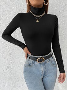 SHEIN PETITE Body de cuello alto liso ajustado para mujer en primavera, para mujeres de talla pequeña - Negro - Ver 5