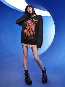 Manfinity 1pc Floral & Letter Graphic Sweatshirt - Black - View 3