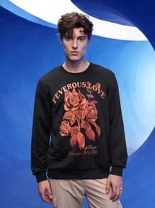 Manfinity 1pc Floral & Letter Graphic Sweatshirt - Black - View 2