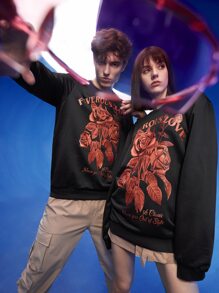 Manfinity 1pc Floral & Letter Graphic Sweatshirt - Black - View 5