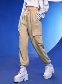 Manfinity 1 pieza Pantalones cargo con bolsillo lateral con solapa de cintura con cordón - Caqui - Ver 2