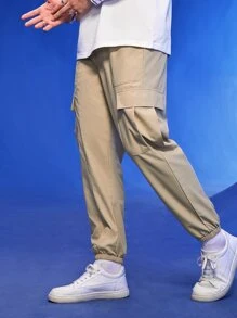 Manfinity 1 pieza Pantalones cargo con bolsillo lateral con solapa de cintura con cordón - Caqui - Ver 6