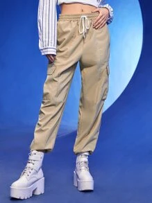 Manfinity 1 pieza Pantalones cargo con bolsillo lateral con solapa de cintura con cordón - Caqui - Ver 4