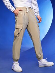 Manfinity 1 pieza Pantalones cargo con bolsillo lateral con solapa de cintura con cordón - Caqui - Ver 1