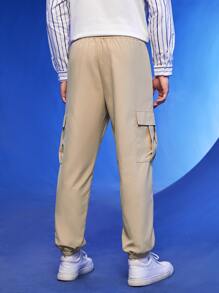 Manfinity 1 pieza Pantalones cargo con bolsillo lateral con solapa de cintura con cordón - Caqui - Ver 9