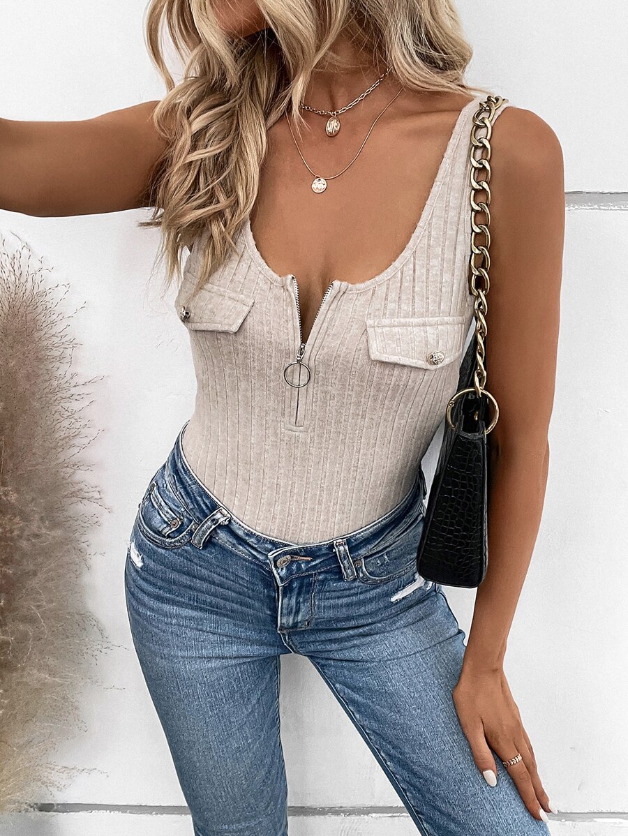 SHEIN LUNE Half Zip Flap Detail Tank Top - Apricot - View 1