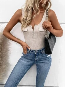 SHEIN LUNE Half Zip Flap Detail Tank Top - Apricot - View 6