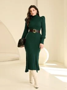 Modelyn 高領泡泡袖毛衣裙不附腰帶 - 墨綠色 - 查看 1