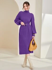 Modelyn High Neck Bishop Sleeve Belted Jumper Dress - Purple - View 3