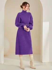 Modelyn High Neck Bishop Sleeve Belted Jumper Dress - Purple - View 4