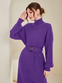 Modelyn High Neck Bishop Sleeve Belted Jumper Dress - Purple - View 5