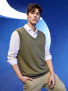 Manfinity 1pc Waffle Knit Solid Tank Top - Army Green - View 3