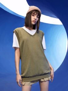 Manfinity 1pc Waffle Knit Solid Tank Top - Army Green - View 4