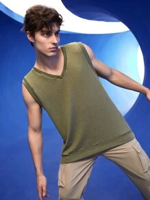 Manfinity 1pc Waffle Knit Solid Tank Top - Army Green - View 9