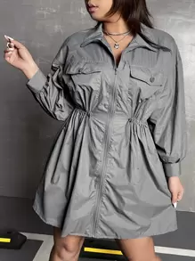 SHEIN ICON Plus Flap Pocket Drop Shoulder Drawstring Waist Dress - Grey - View 1