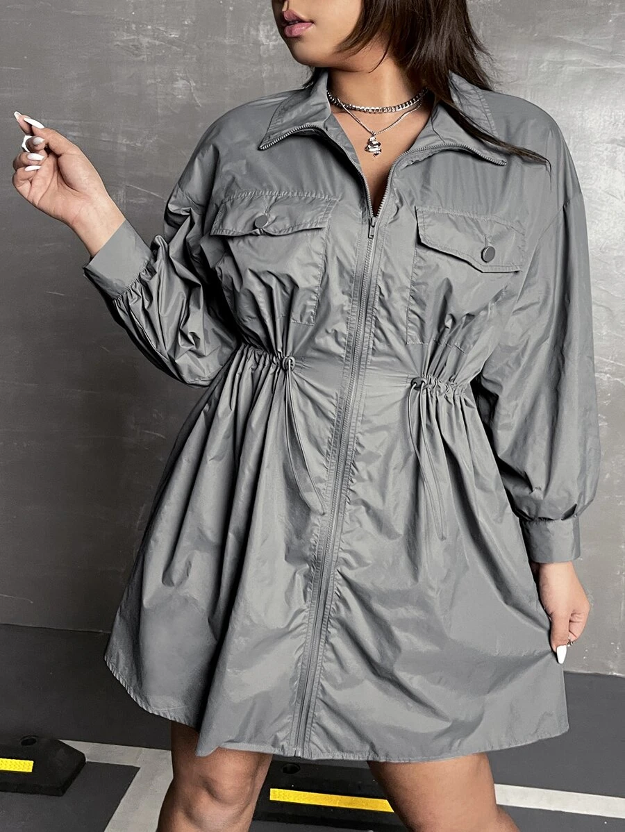 SHEIN ICON Plus Flap Pocket Drop Shoulder Drawstring Waist Dress - Grey - View 1