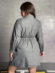 SHEIN ICON Plus Flap Pocket Drop Shoulder Drawstring Waist Dress - Grey - View 2