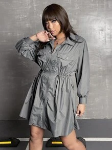 SHEIN ICON Plus Flap Pocket Drop Shoulder Drawstring Waist Dress - Grey - View 3