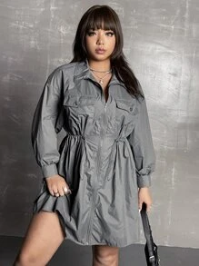 SHEIN ICON Plus Flap Pocket Drop Shoulder Drawstring Waist Dress - Grey - View 5