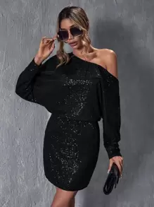 SHEIN BAE Asymmetrical Neck Batwing Sleeve Sequin Dress