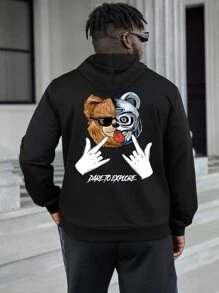 Manfinity Men Plus Bear & Slogan Graphic Drawstring Hoodie - Black - View 1