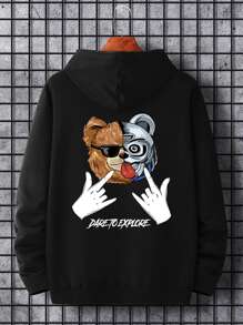 Manfinity Men Plus Bear & Slogan Graphic Drawstring Hoodie - Black - View 2