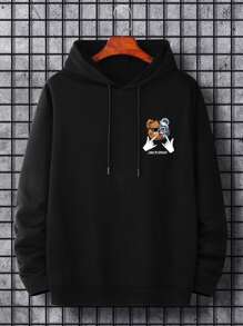 Manfinity Men Plus Bear & Slogan Graphic Drawstring Hoodie - Black - View 3