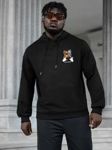 Manfinity Men Plus Bear & Slogan Graphic Drawstring Hoodie - Black - View 5