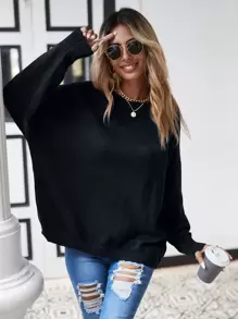 SHEIN Frenchy Suéter amplio unicolor de hombros caídos - Negro - Ver 1