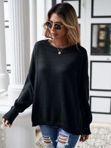 SHEIN Frenchy Suéter amplio unicolor de hombros caídos - Negro - Ver 6