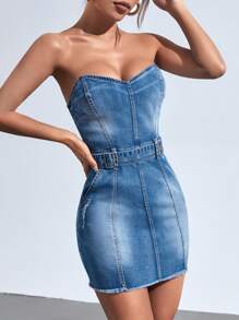 SHEIN ICON Raw Trim Belted Tube Denim Dress - Medium Wash - View 3