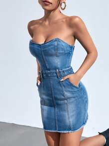 SHEIN ICON Raw Trim Belted Tube Denim Dress - Medium Wash - View 5