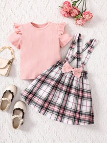 SHEIN 女小童格紋甜美風校園休閒小圓領常規袖2入組/套適合夏天