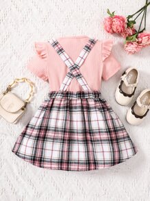 SHEIN 女小童格紋甜美風校園休閒小圓領常規袖2入組/套適合夏天