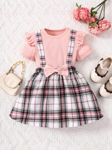 SHEIN 女小童格紋甜美風校園休閒小圓領常規袖2入組/套適合夏天