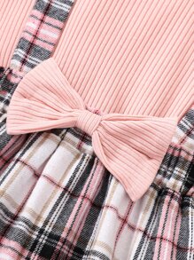 SHEIN 女小童格紋甜美風校園休閒小圓領常規袖2入組/套適合夏天