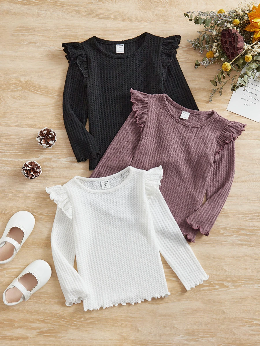 SHEIN Young Girl 3pcs Ruffle Trim Waffle Knit Tee - Multicolor - View 1