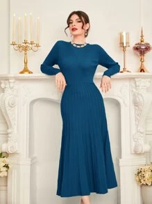 Modelyn Solid Pleated Hem Jumper Dress - Blue - View 3